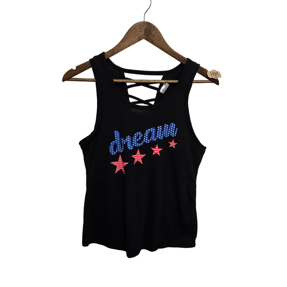 No Boundaries Womens Dream Patriotic Tank Top Black Strappy Back Size S 3-5